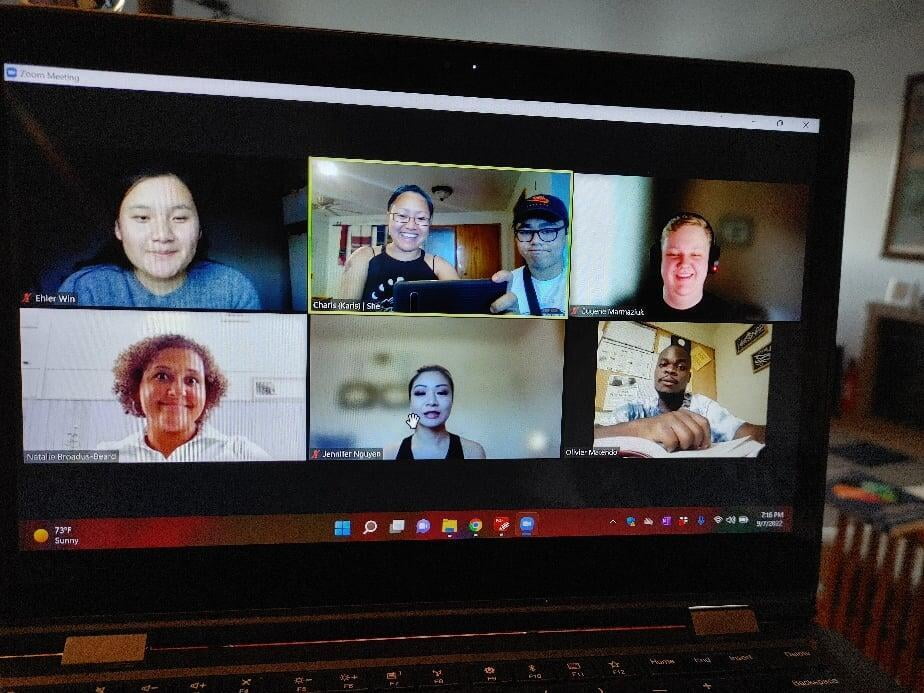 Group Zoom meeting with Ehler, Charis, Shawn, Eugene, Natalie, Jennifer, and Olivier